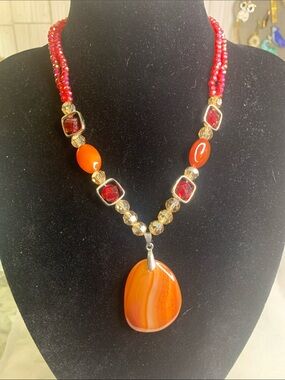 Handcrafted Orange Agate Pendant Necklace with Red Glass Beaded Accents